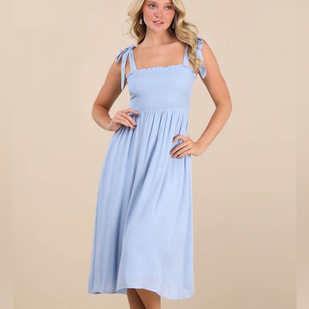 Lulu's Looking Up Light Blue Smocked Tie-Strap Midi Dress
